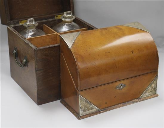 A silver-mounted and morocco-bound stationery box and a Georgian mahogany decanter box,